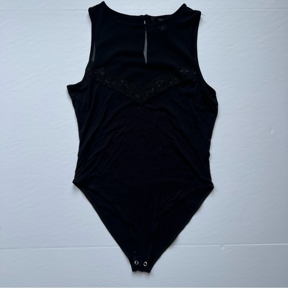 Forever 21 Black Bodysuit Mesh Lace Bust Size Large Snap Closure Whimsigoth Sexy